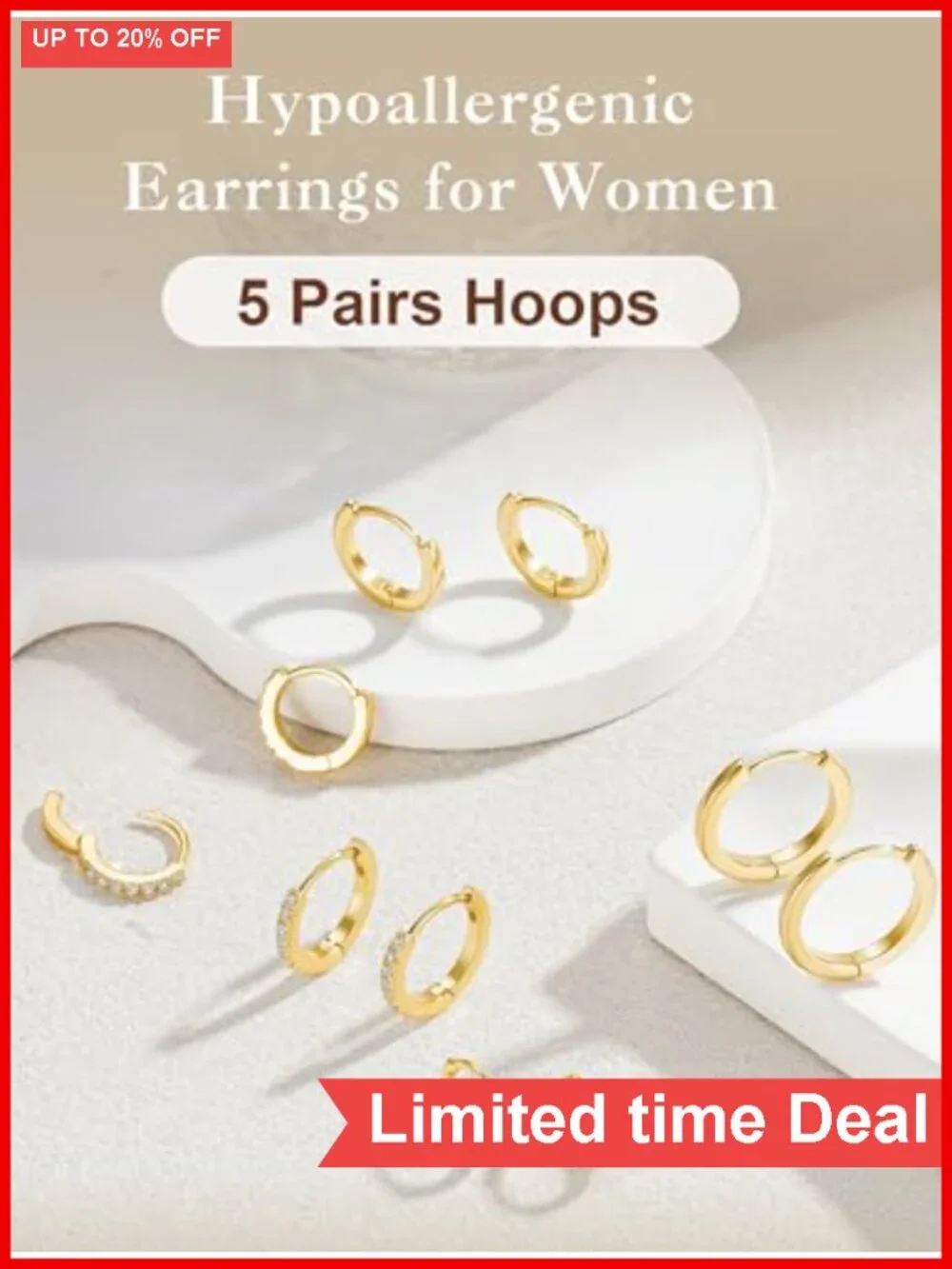 14K Gold Plated Hypoallergenic Hoop Earrings for Women - Cubic Zirconia Set
